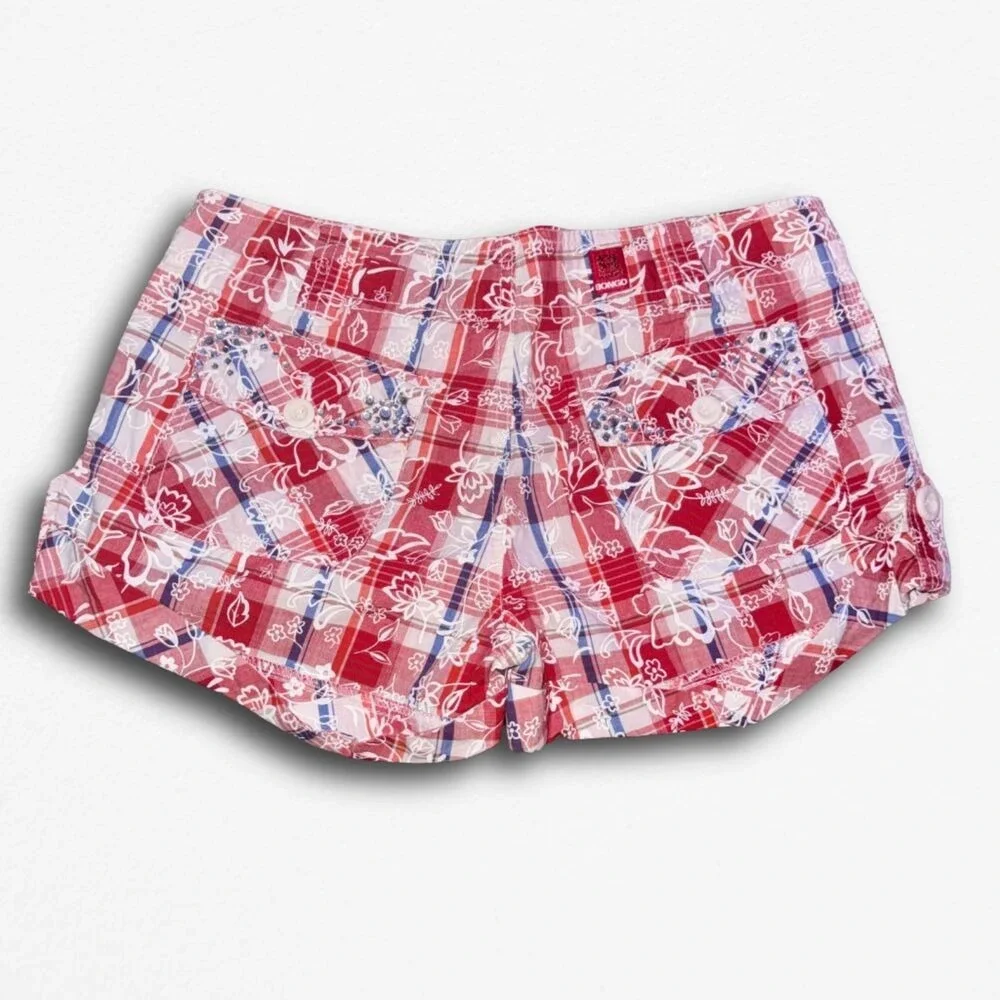 Size 7 Y2K Plaid Rhinestone Red Blue White Bongo Mini Shorts - Picture 2 of 3
